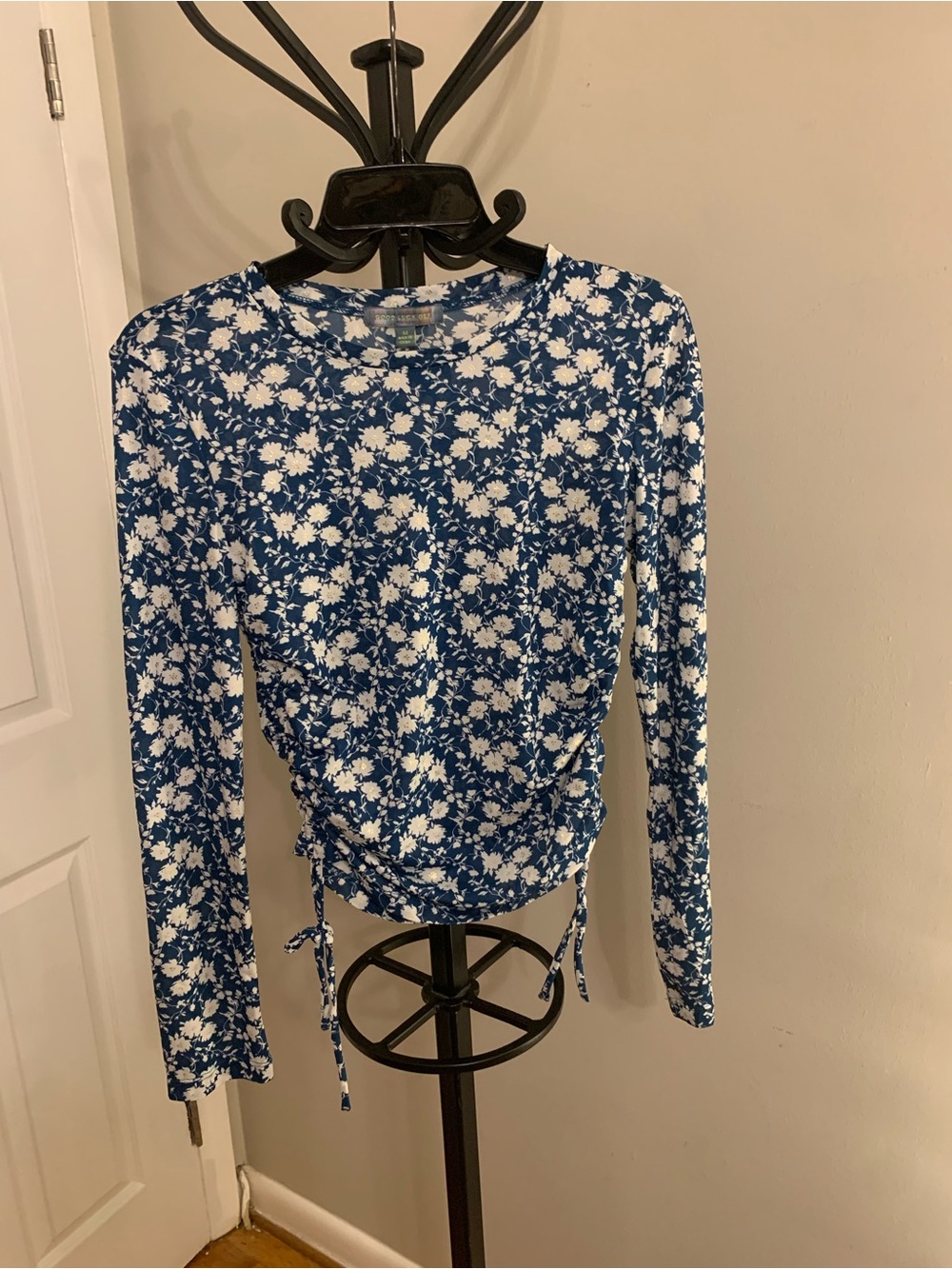 Good Luck Gem Blue Floral Long Sleeve Drawstring Top